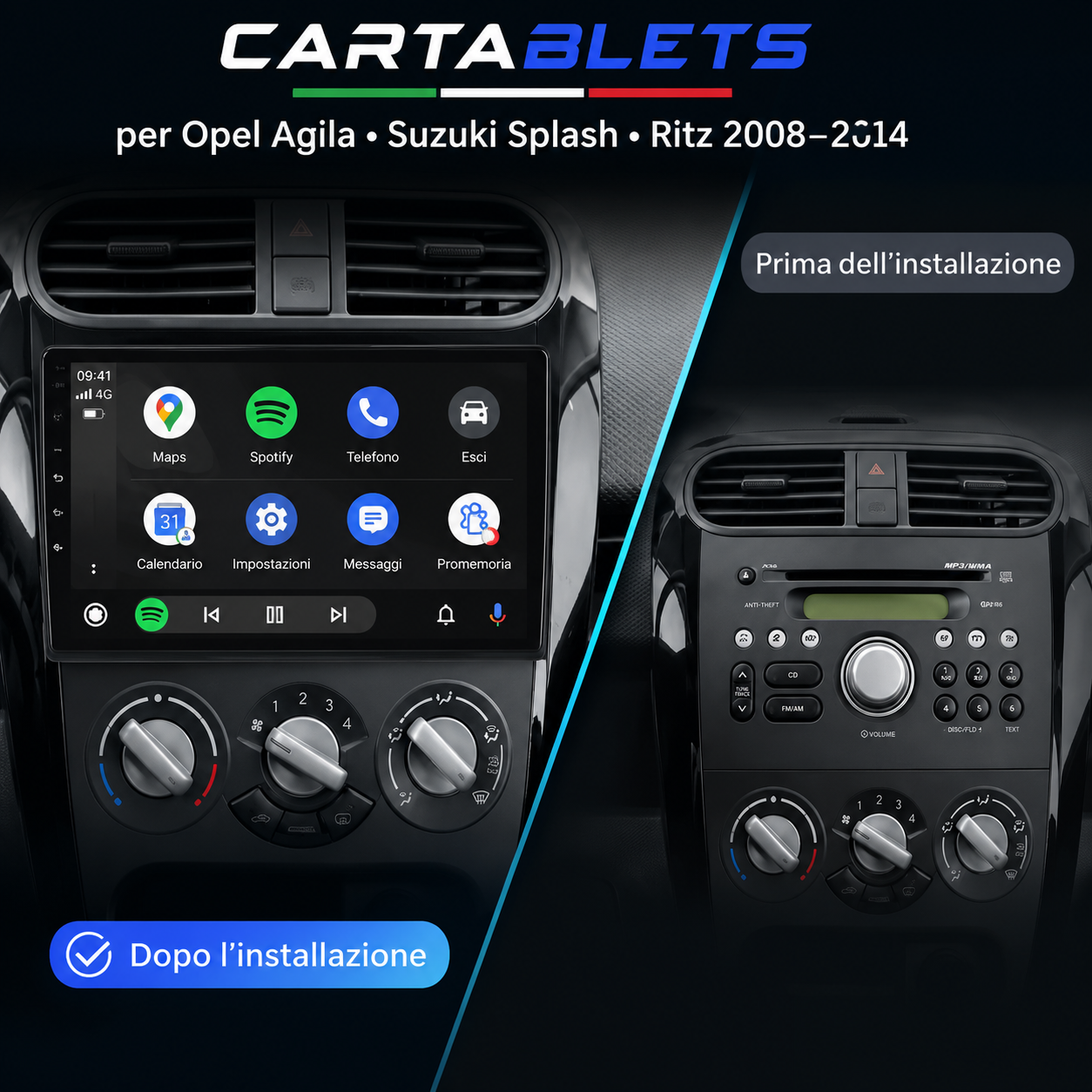 CTB-FM873R | AUTORADIO NAVIGATORE PER OPEL AGILA SUZUKI SPLASH 2007-2014 | APPLE CARPLAY ANDROID AUTO | BLUETOOTH WIFI USB TELECAMERA POSTERIORE