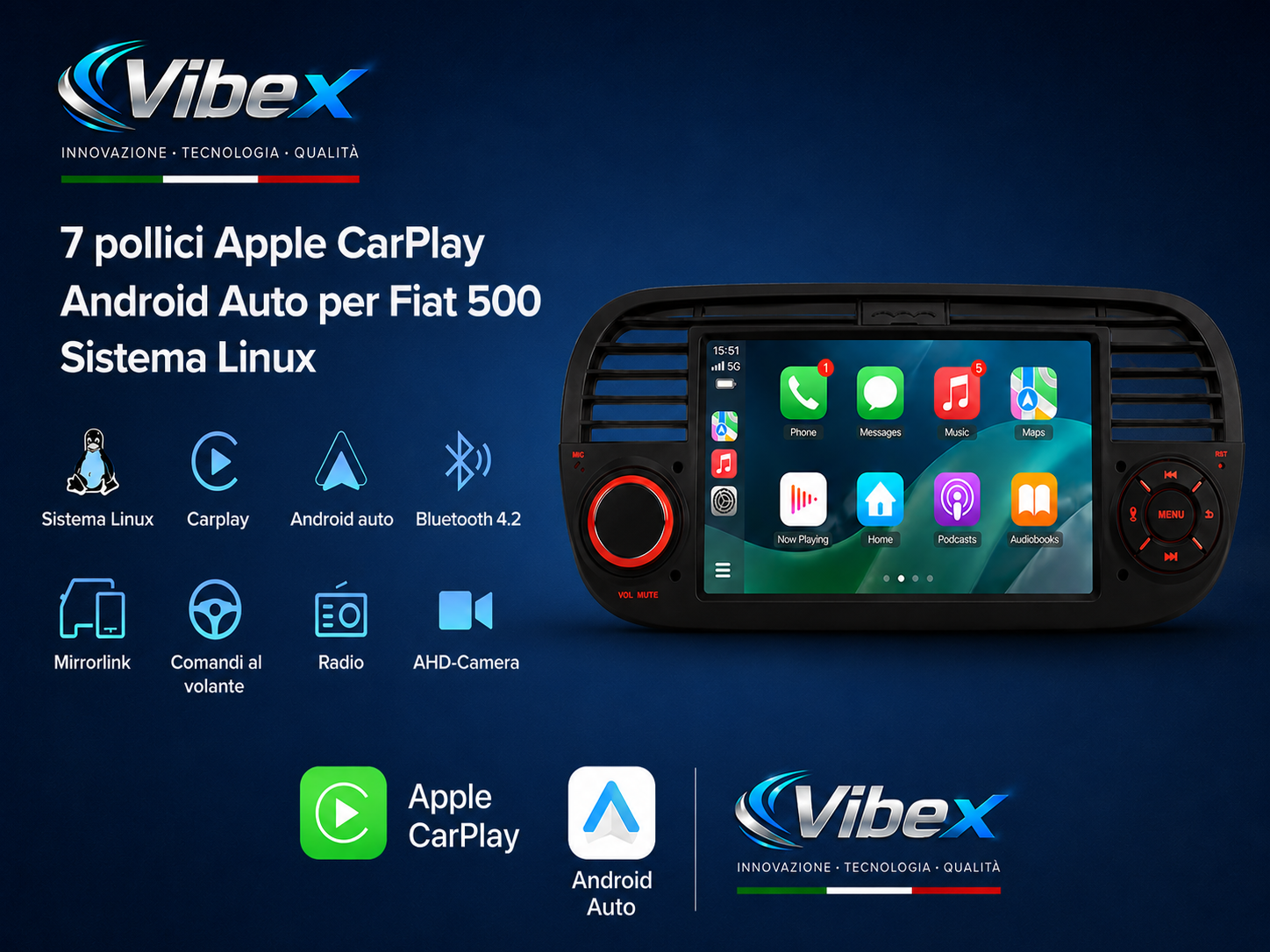 CTB-FT500A | FIAT 500 - FIAT 500 ABARTH | NAVIGATIONSSYSTEM RADIO OCTACORE APPLE CARPLAY ANDROID AUTO GPS USB BLUETOOTH TOUCHSCREEN
