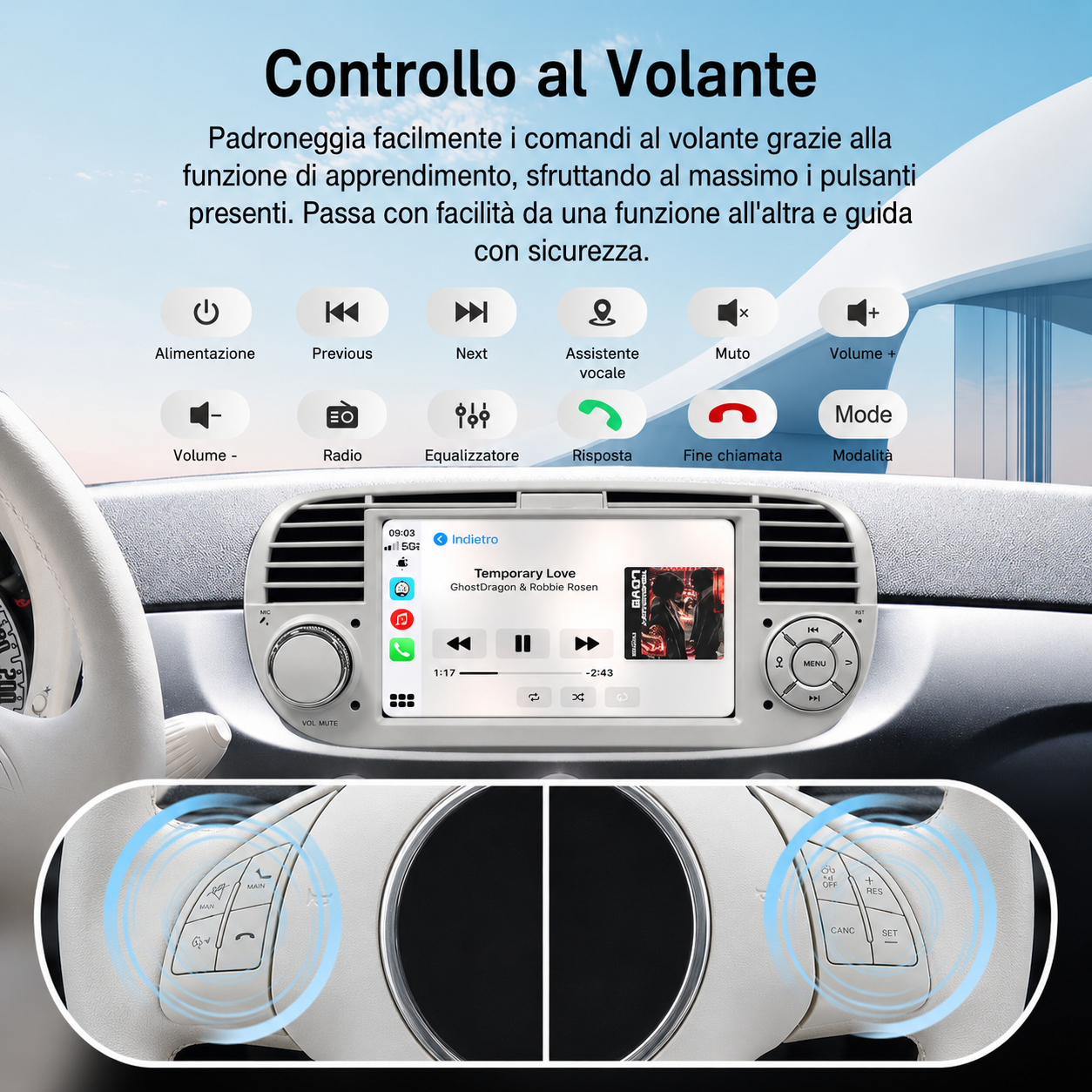 CTB-FT500A | FIAT 500 - FIAT 500 ABARTH | NAVIGATIONSSYSTEM RADIO OCTACORE APPLE CARPLAY ANDROID AUTO GPS USB BLUETOOTH TOUCHSCREEN