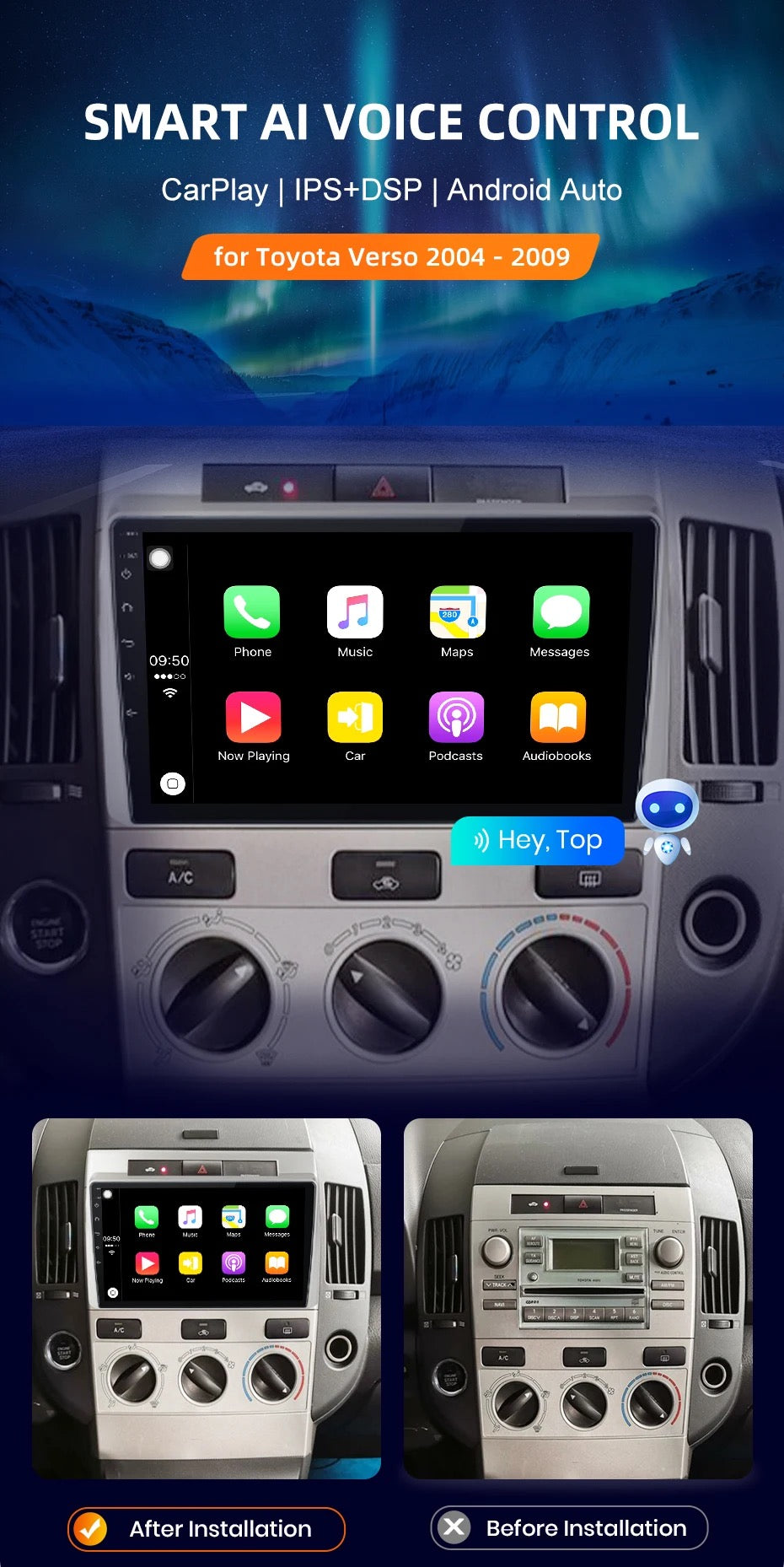 CTB-RT982KP | TOYOTA COROLLA VERSO 2005-2009 | APPLE CARPLAY ANDROID AUTO | NAVIGATORE USB BLUETOOTH GPS | WIFI 4G CARTABLET