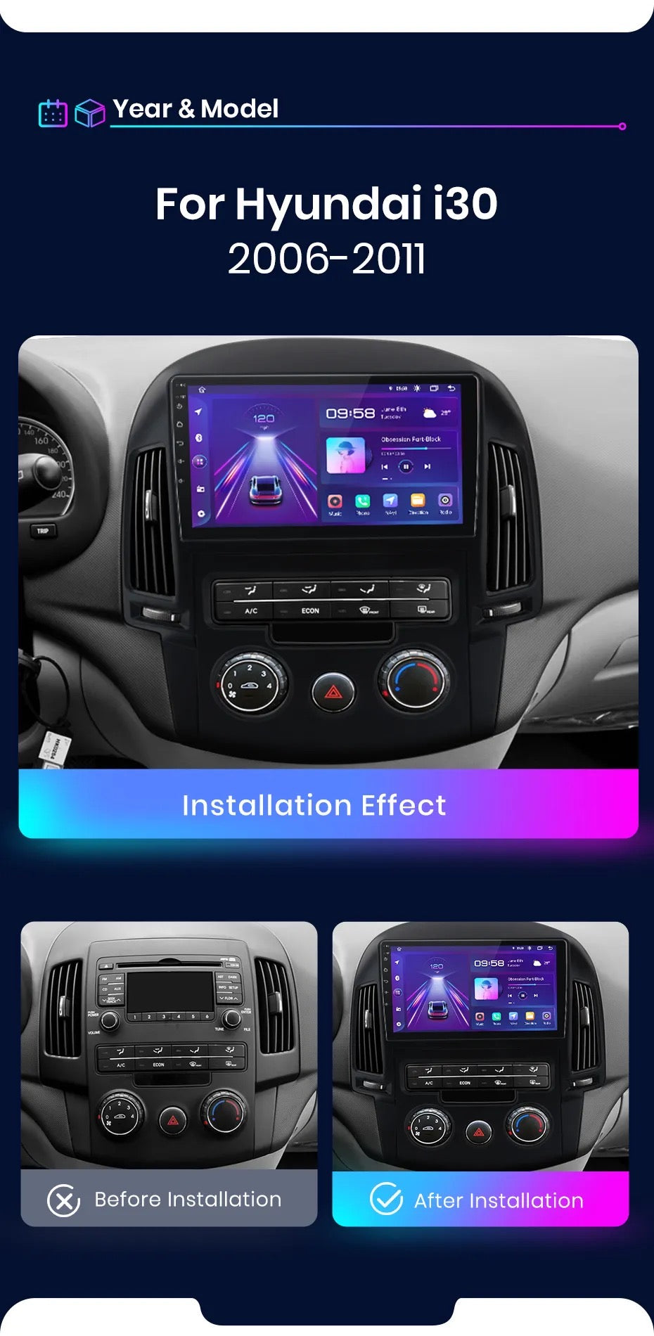 CTB-FB750K | HYUNDAI i30 2006-2012 | APPLE CARPLAY-ANDROID AUTO | CARTABLET 9 POLLICI TOUCH SCREEN | GPS USB DVR DAB+ |