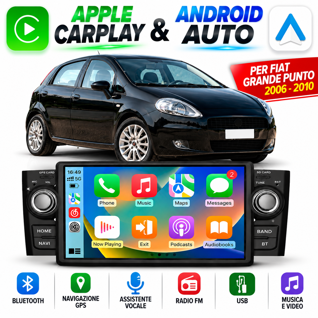 CTB-PTO236 | FIAT GRANDE PUNTO 2006-2010 | NAVIGATORE RADIO SISTEMA LINUX APPLE CARPLAY ANDROID AUTO GPS USB BLUETOOTH TOUCH SCREEN
