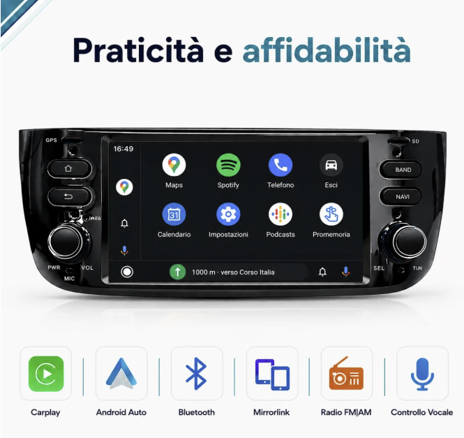 CTB-PTO894 | FIAT PUNTO EVO 2011-2022 | NAVIGATORE RADIO SISTEMA LINUX APPLE CARPLAY ANDROID AUTO GPS USB BLUETOOTH TOUCH SCREEN
