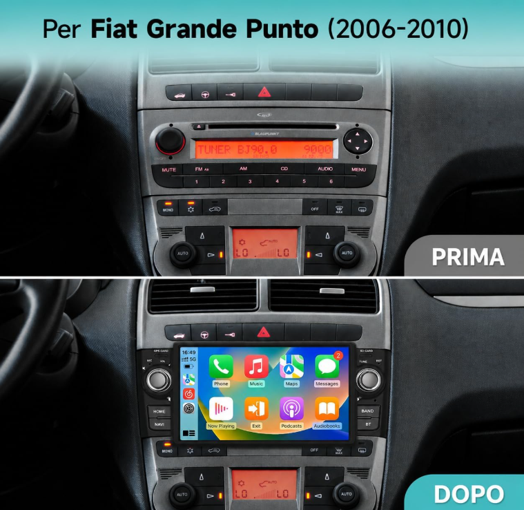 CTB-PTO236 | FIAT GRANDE PUNTO 2006-2010 | NAVIGATORE RADIO SISTEMA LINUX APPLE CARPLAY ANDROID AUTO GPS USB BLUETOOTH TOUCH SCREEN
