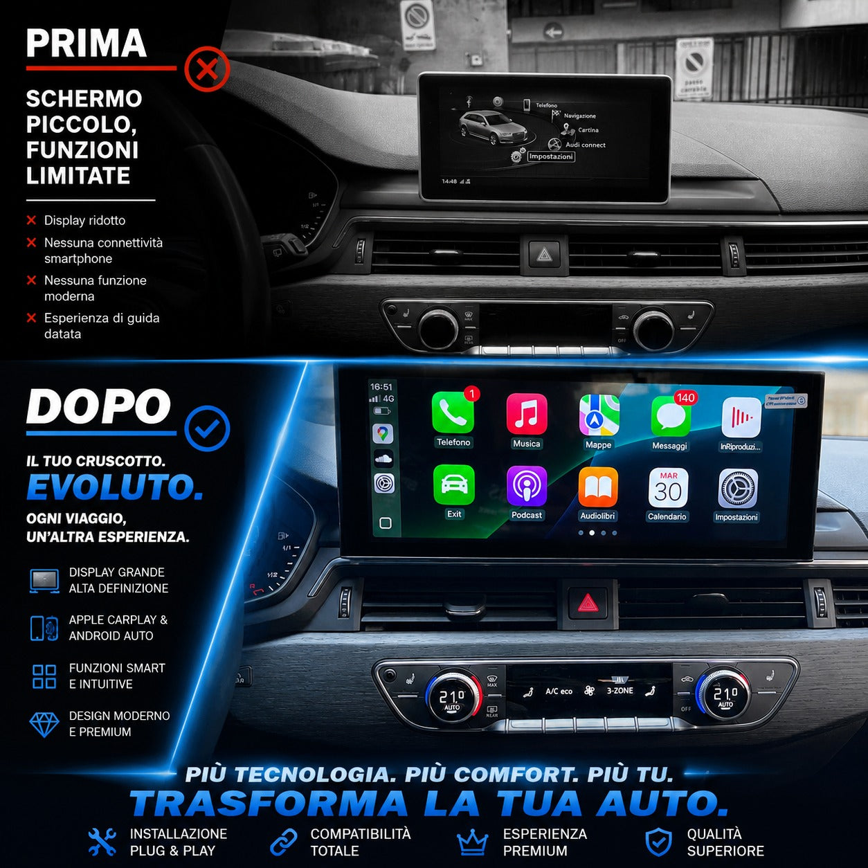 CTB-CRT56B | DISPLAY 12.3 AUDI A4 B9 2016-2020 | APPLE CARPLAY ANDROID AUTO SISTEMA LINUX | USB | MMI