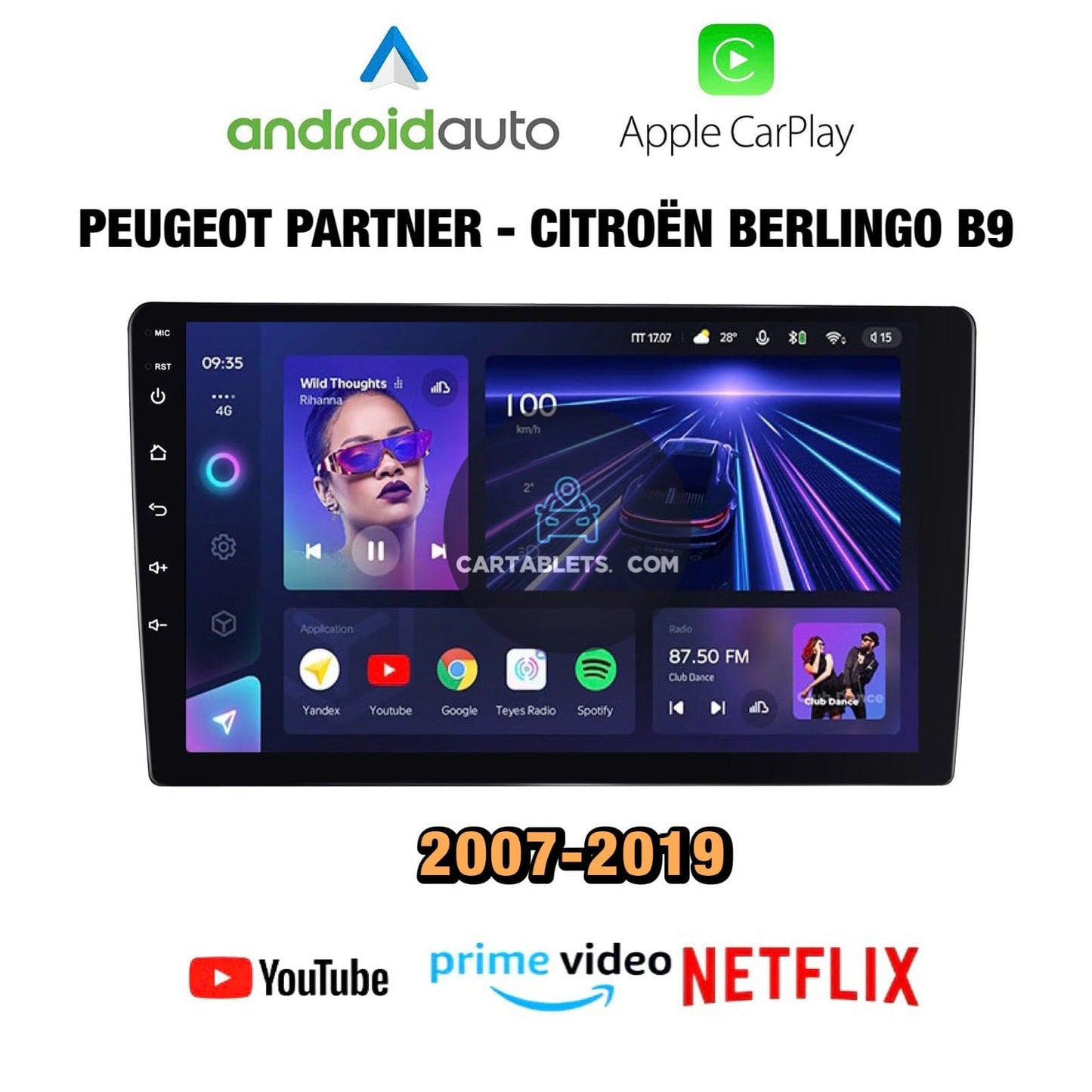 CTB-FN504Y | PEUGEOT PARTNER - CITROEN BERLINGO B9 | APPLE CARPLAY-ANDROID AUTO | CARTABLET 9 POLLICI TOUCH SCREEN | GPS USB DVR DAB+ |