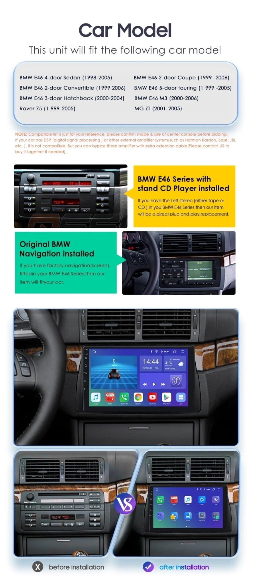 CTB- SR091J | BMW 3er E46 MONITOR 9 ZOLL | APPLE CARPLAY ANDROID AUTO | WiFi BLUETOOTH GPS USB NAVIGATIONSGERÄT