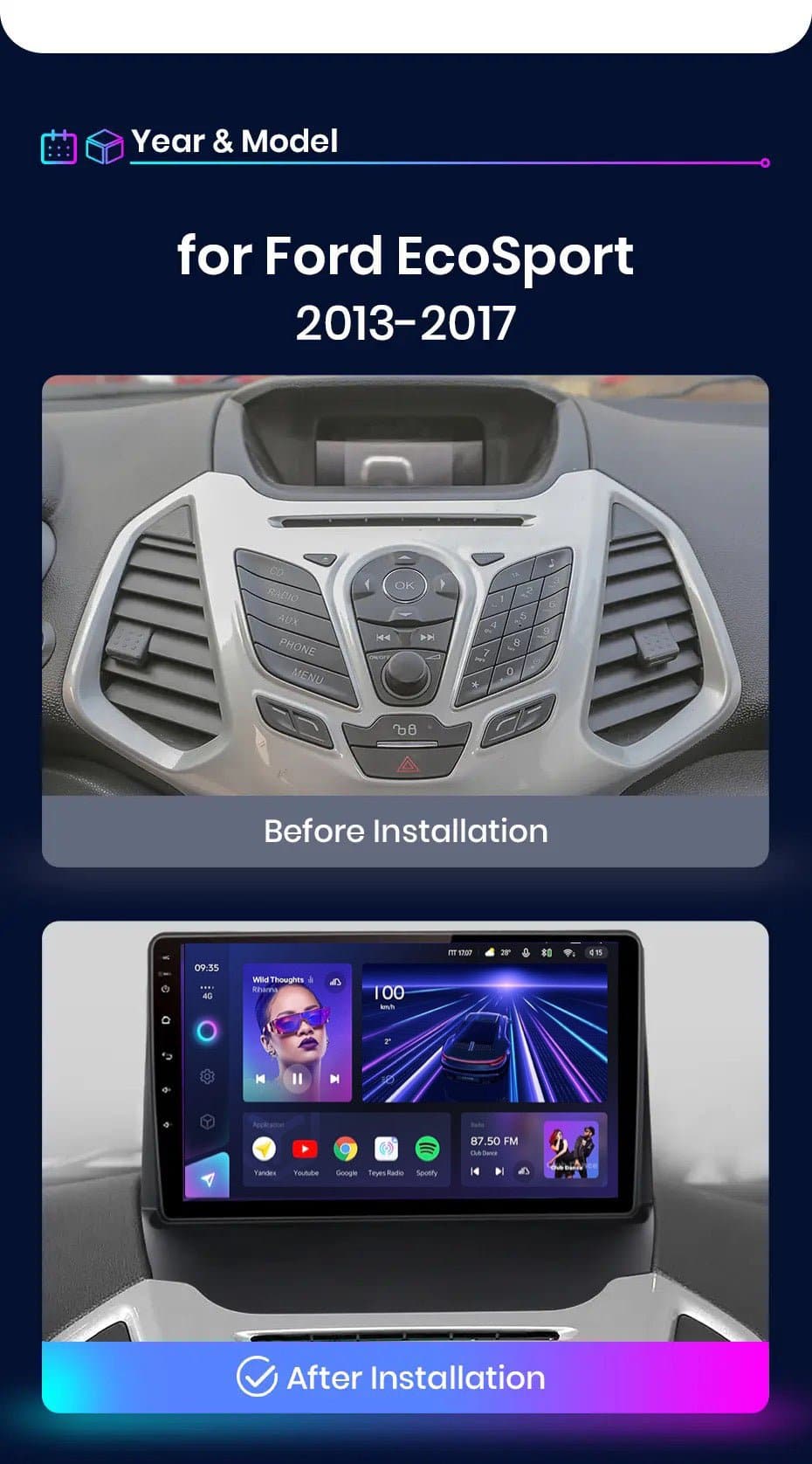 CTB-FR601M | FORD ECOSPORT 2013-2017 | NAVIGATORE ANDROID AUTO APPLE CARPLAY | USB BLUETOOTH WIFI 4G | CARTABLET 2DIN COMANDI AL VOLANTE
